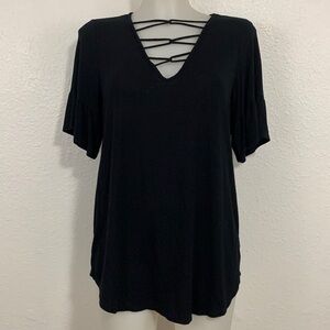 7th Ray Black Jersey Knit Crisscross Bell Sleeve Blouse Size L